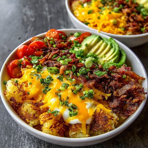 Golden-brown hash brown breakfast bowls piled high with fluffy scrambled eggs and sausage.