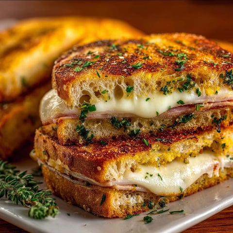 A sandwich with cheese and herbs on top.