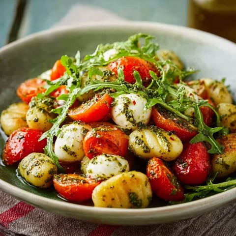 A bowl of roasted gnocchi salad with basil pesto, tomatoes, mozzarella, and arugula.