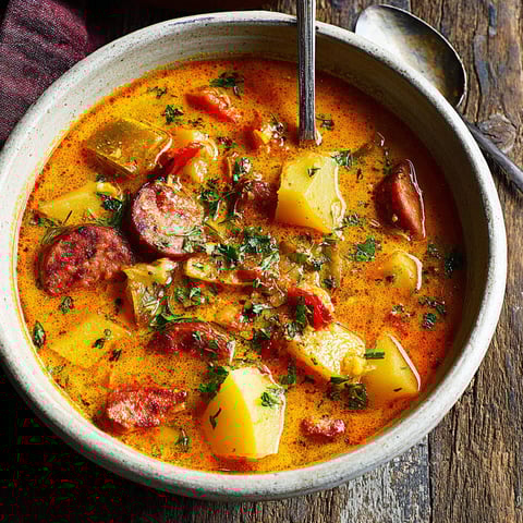 A bowl of Spanish potato soup with chorizo.