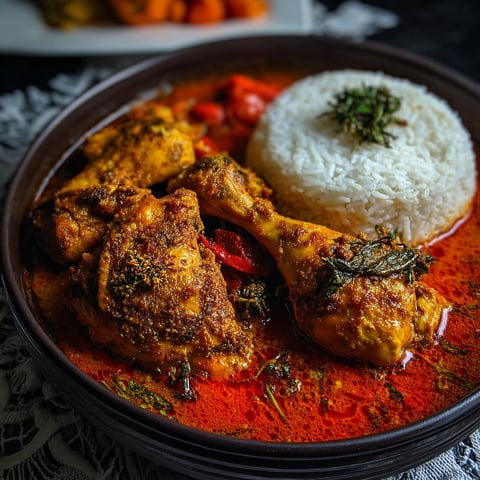 A bowl of Nigerian chicken stew with rice and vegetables.